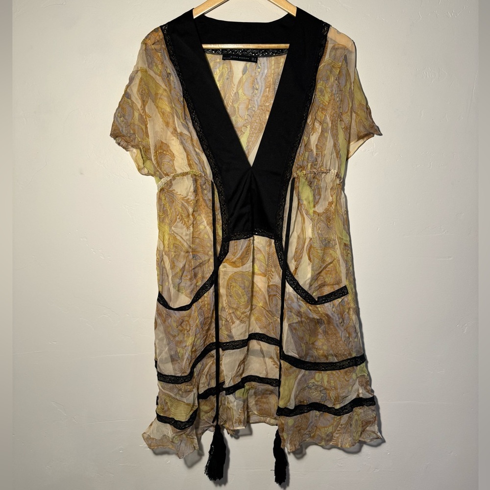 🌙Women’s Zara Sheer Silk Paisley Cover Up Dress with Tassels✨ - Picture 7 of 9